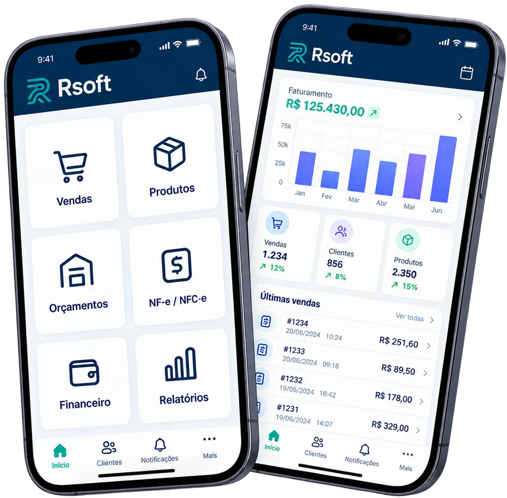 Aplicativo Rsoft em dois celulares: menu com vendas, produtos, orçamentos, NF-e/NFC-e, financeiro e relatórios, e painel de faturamento