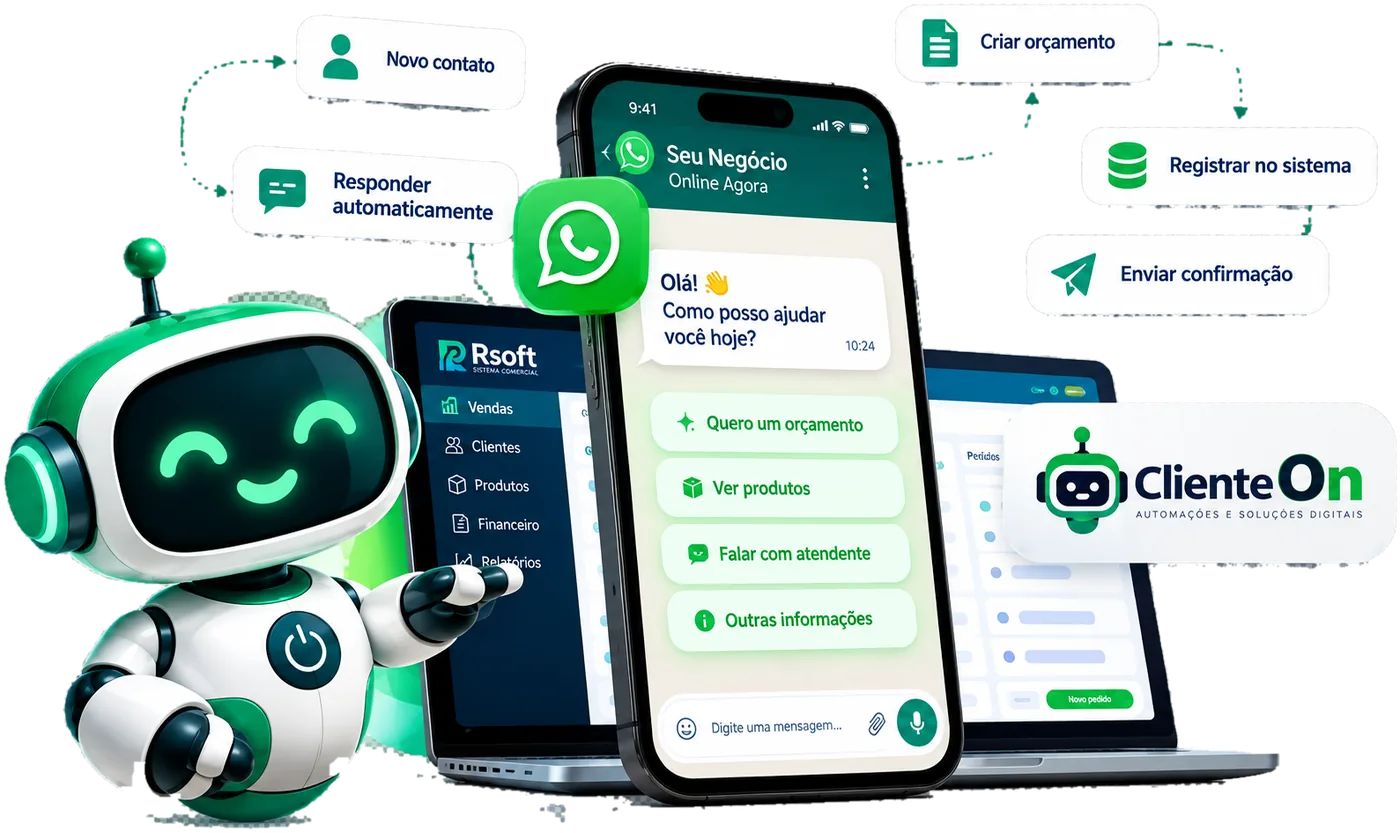 Robô da ClienteOn ao lado de um celular com atendimento automático no WhatsApp, integrado ao sistema Rsoft: novo contato, resposta automática, orçamento, registro no sistema e confirmação