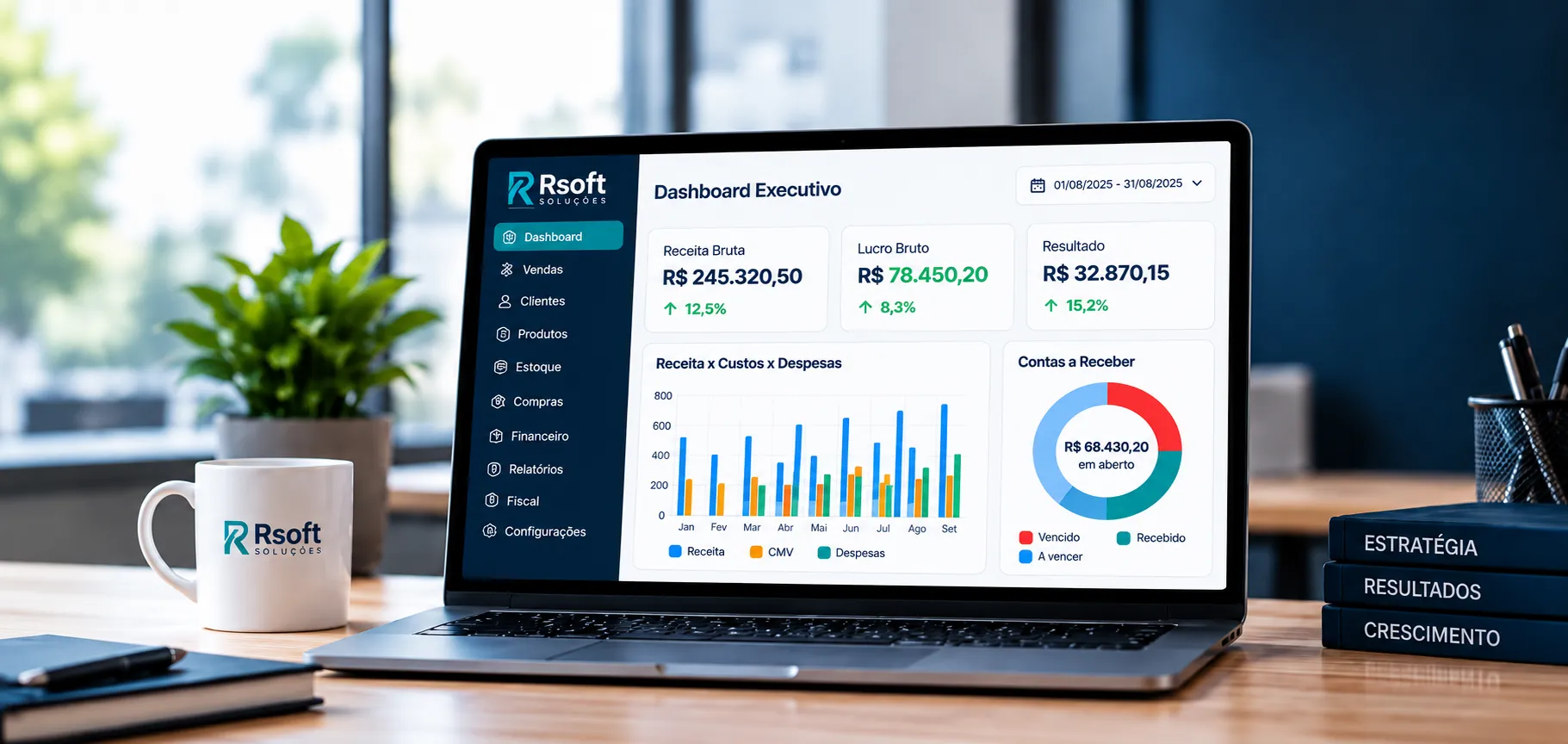 Notebook com o dashboard executivo da Rsoft: receita, lucro, resultado, gráfico de receita x custos x despesas e contas a receber